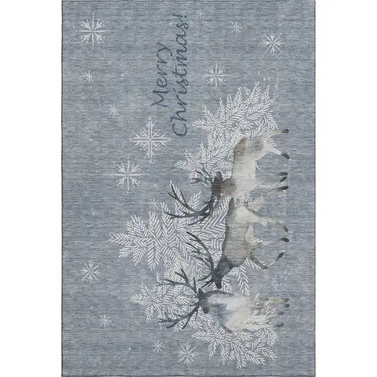 Gray Ivory And Blue Christmas Deer Washable Area Rug With UV Protection Photo 2