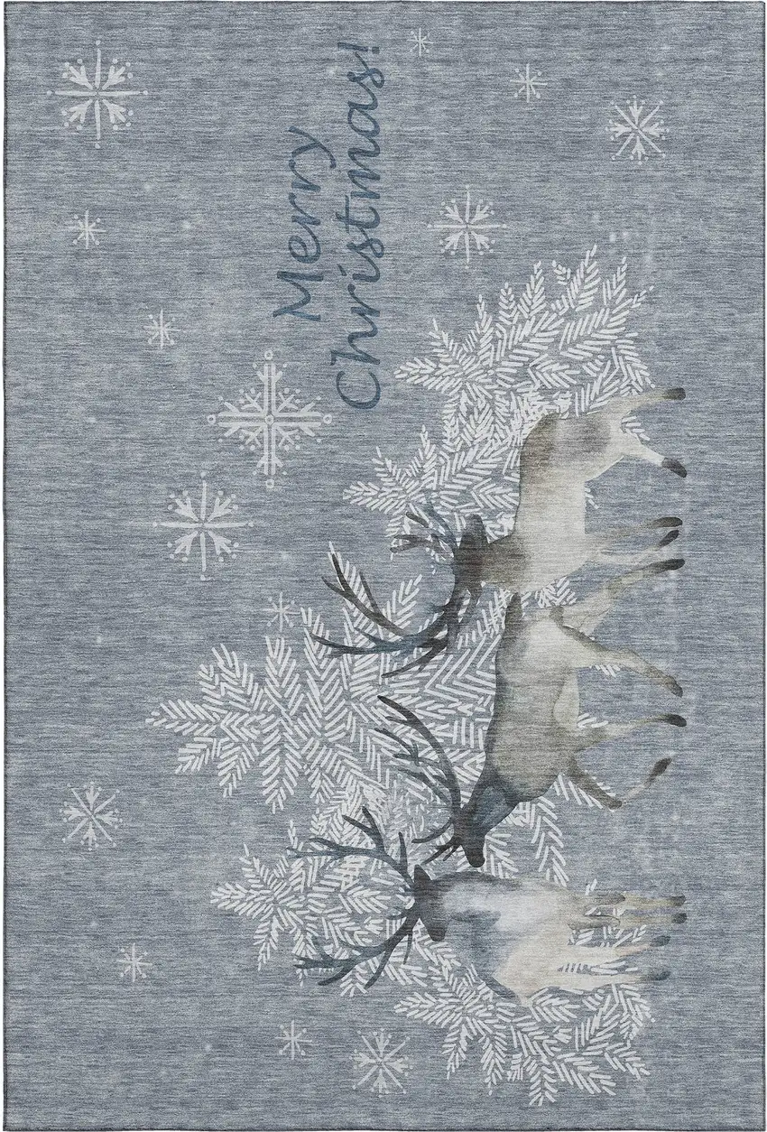 Gray Ivory And Blue Christmas Deer Washable Area Rug With UV Protection Photo 2