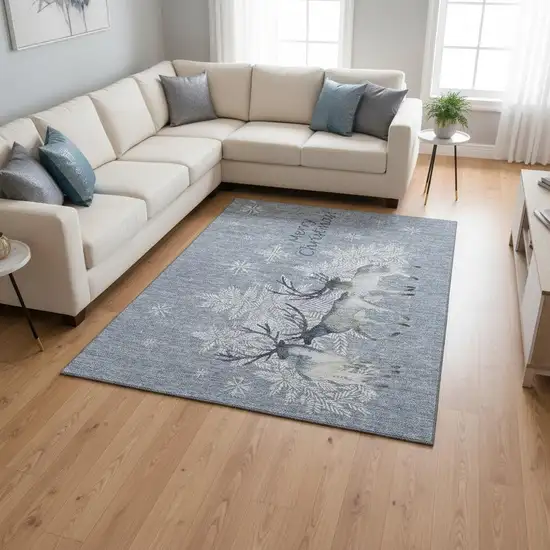 Ash Gray Ivory And Blue Geometric Washable Area Rug With UV Protection Photo 1