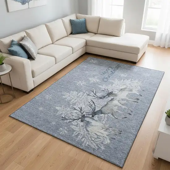 Ash Gray Ivory And Blue Geometric Washable Area Rug With UV Protection Photo 1