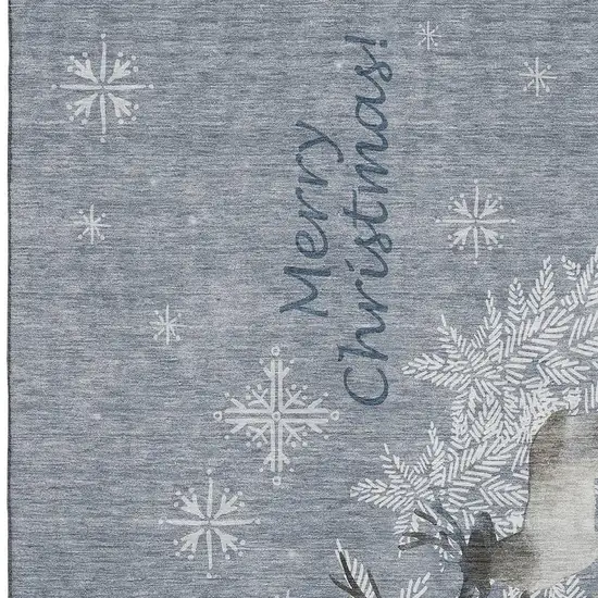 Gray Ivory And Blue Christmas Deer Washable Area Rug With UV Protection Photo 4