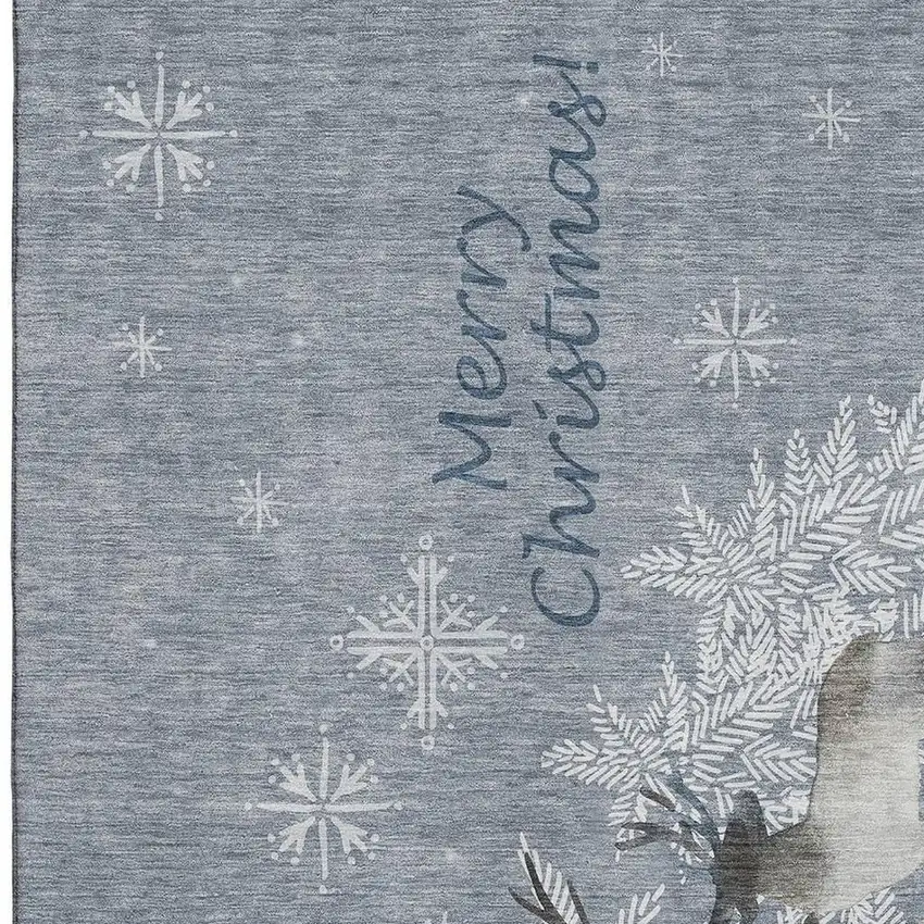 Gray Ivory And Blue Christmas Deer Washable Area Rug With UV Protection Photo 4