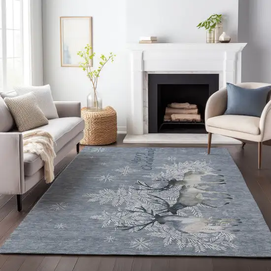 Gray Ivory And Blue Christmas Deer Washable Area Rug With UV Protection Photo 6