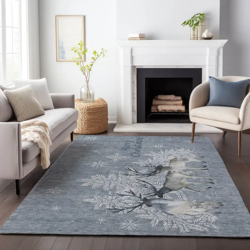 Gray Ivory And Blue Christmas Deer Washable Area Rug With UV Protection Photo 6