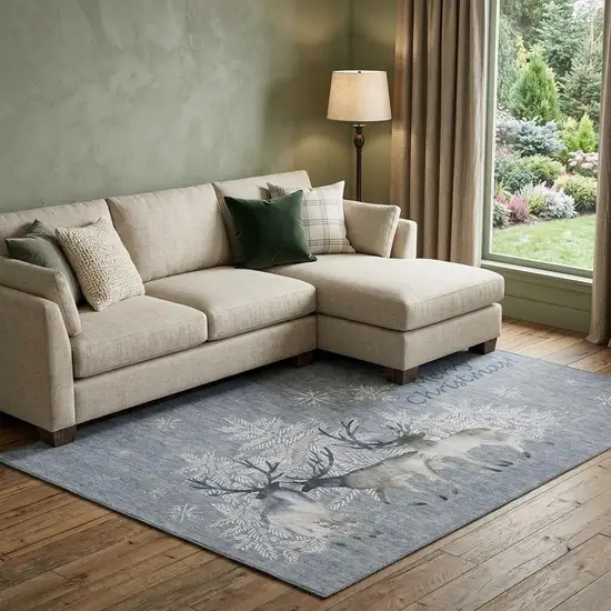 Gray Ivory And Blue Christmas Deer Washable Area Rug With UV Protection Photo 1