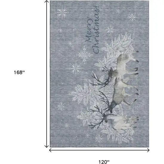 Gray Ivory And Blue Christmas Deer Washable Area Rug With UV Protection Photo 3