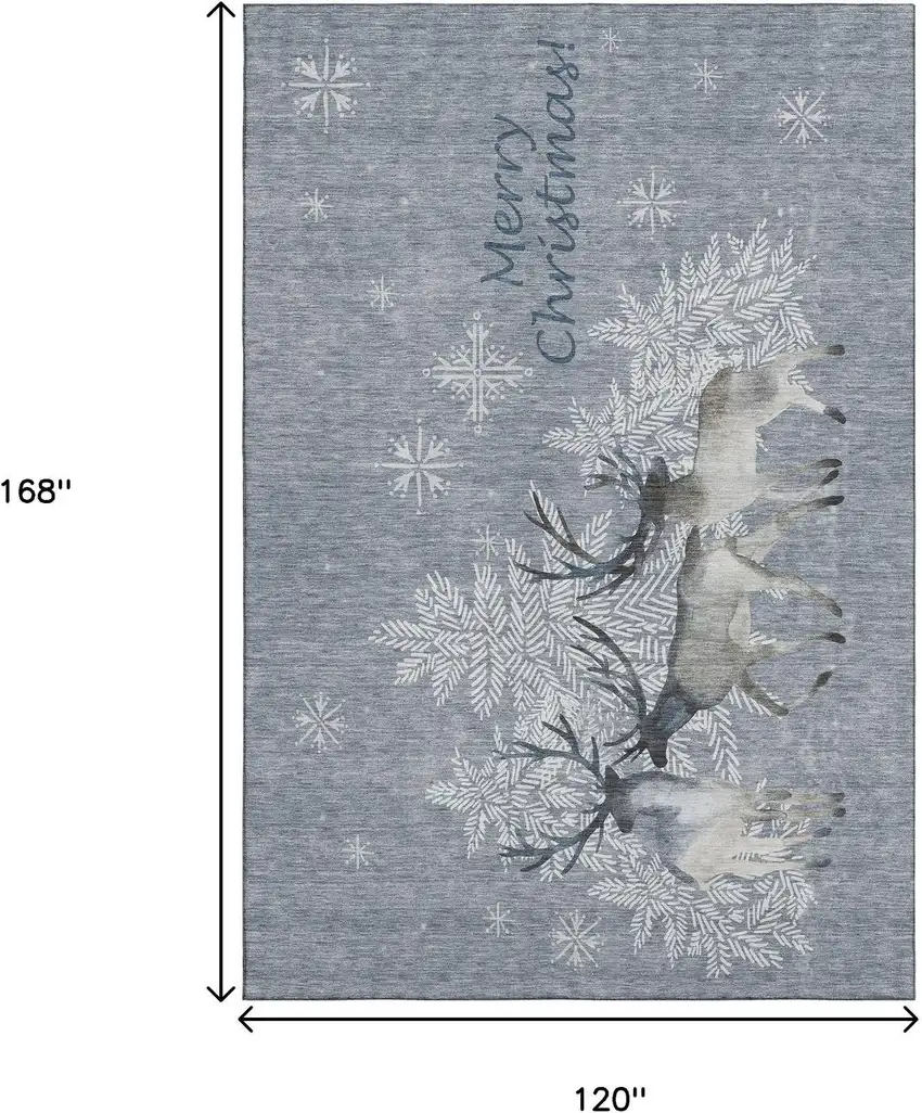 Gray Ivory And Blue Christmas Deer Washable Area Rug With UV Protection Photo 3