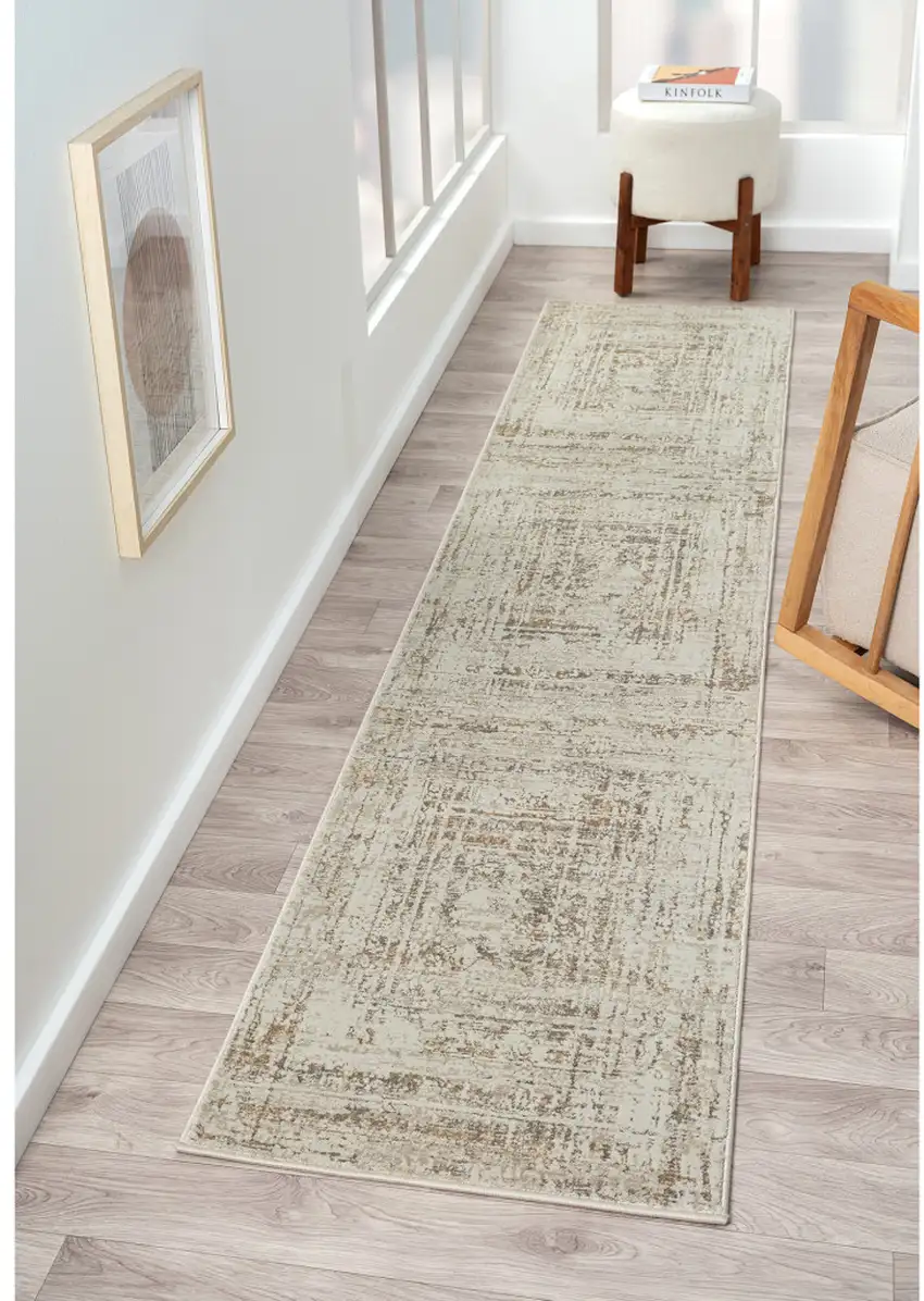 Beige Abstract Distressed Runner Rug Photo 8