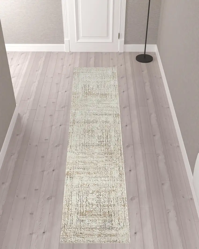 Beige Abstract Distressed Runner Rug Photo 2