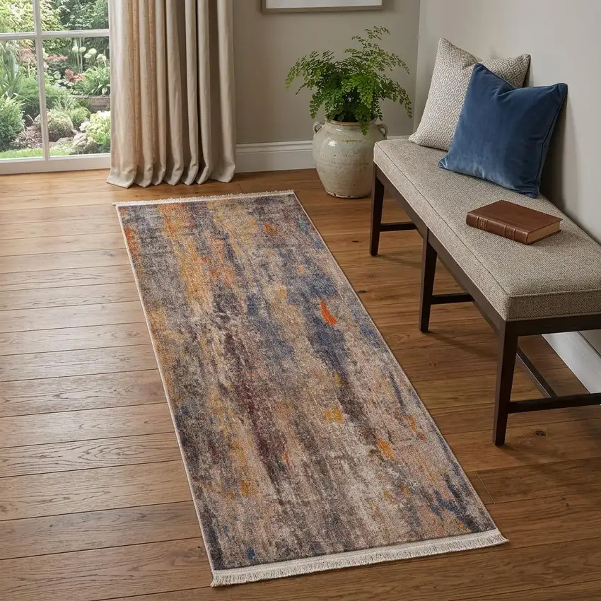 Beige Abstract Distressed Runner Rug Photo 1