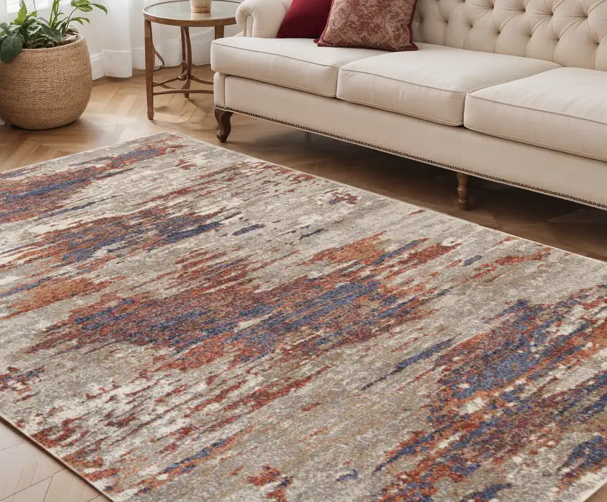 Beige Rust and Blue Abstract Power Loom Area Rug Photo 1