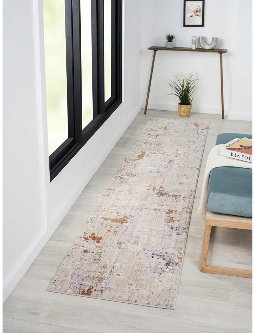 Beige Abstract Runner Rug Photo 7