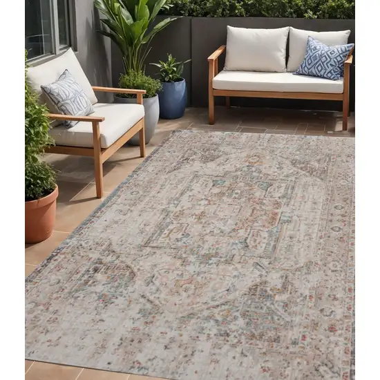 Beige Abstract Stain Resistant Indoor Outdoor Area Rug Photo 1