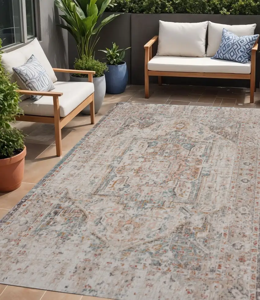 Beige Abstract Stain Resistant Indoor Outdoor Area Rug Photo 1