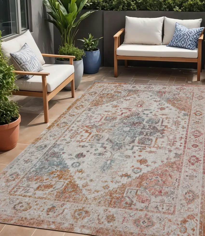 Beige Abstract Stain Resistant Indoor Outdoor Area Rug Photo 1