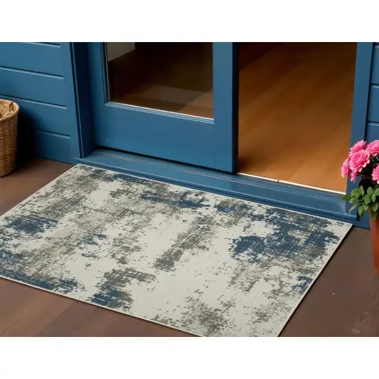 Blue and Beige Abstract Stain Resistant Indoor Outdoor Area Rug Photo 1