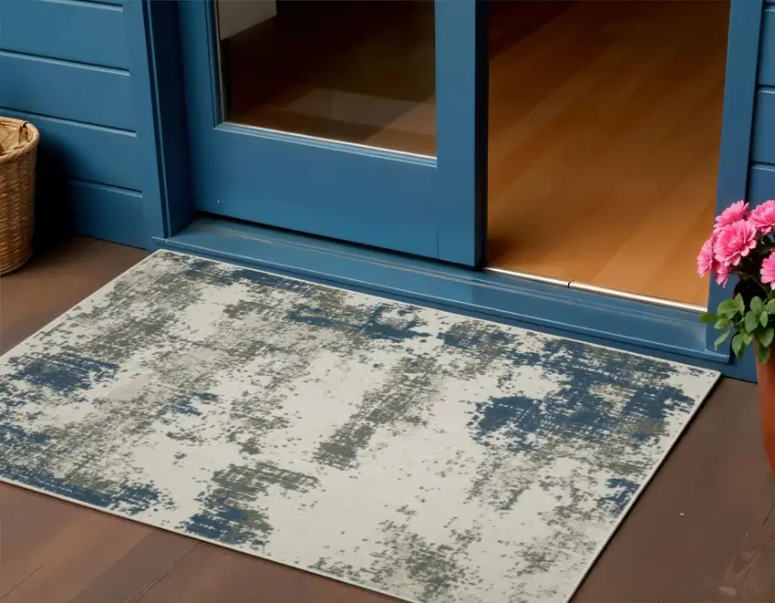 Blue and Beige Abstract Stain Resistant Indoor Outdoor Area Rug Photo 1