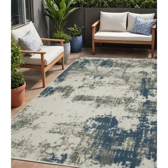 Blue and Beige Abstract Stain Resistant Indoor Outdoor Area Rug Photo 1