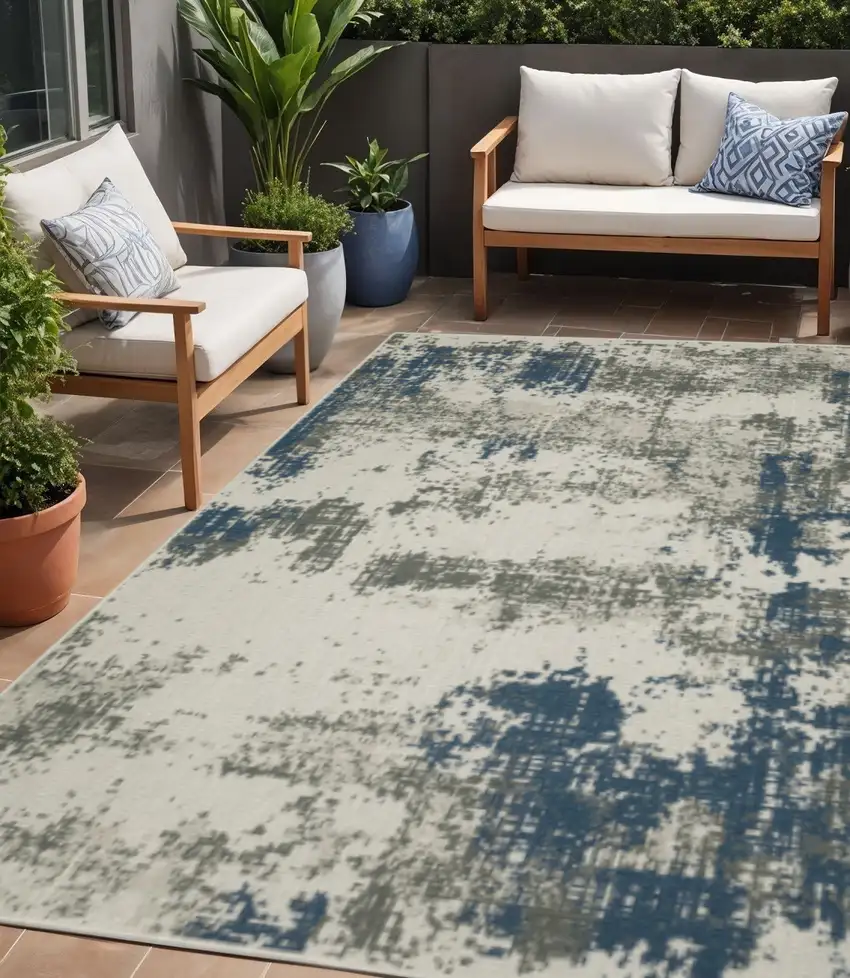 Blue and Beige Abstract Stain Resistant Indoor Outdoor Area Rug Photo 1