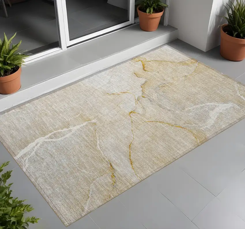 Beige Abstract Washable Indoor Outdoor Area Rug Photo 1