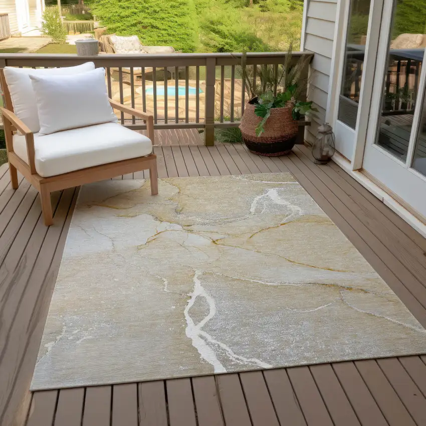 Beige Abstract Washable Indoor Outdoor Area Rug Photo 8
