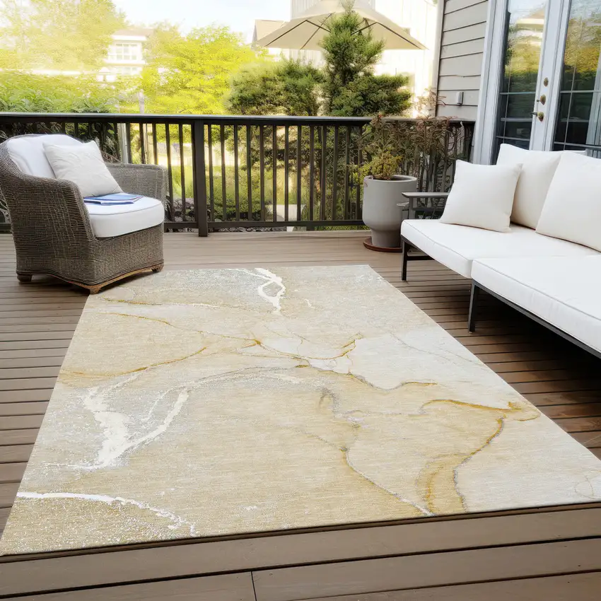 Beige Abstract Washable Indoor Outdoor Area Rug Photo 6