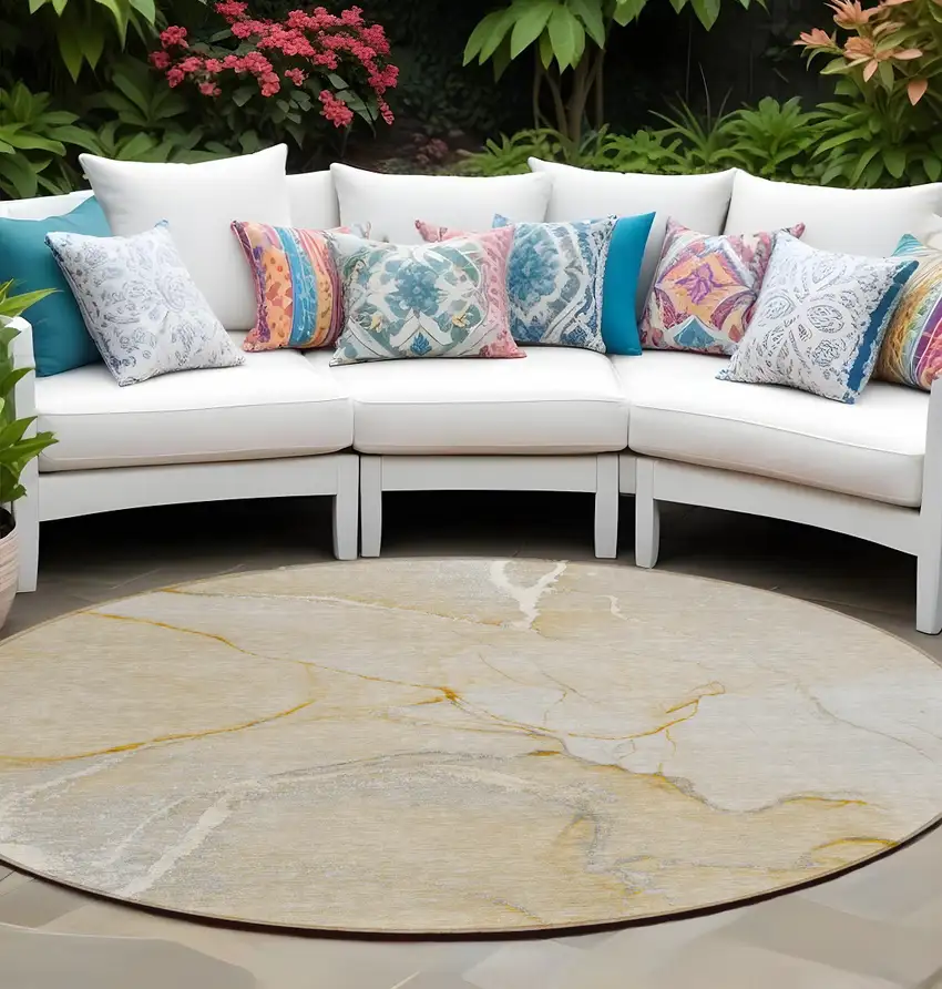 Beige Abstract Washable Indoor Outdoor Area Rug Photo 1