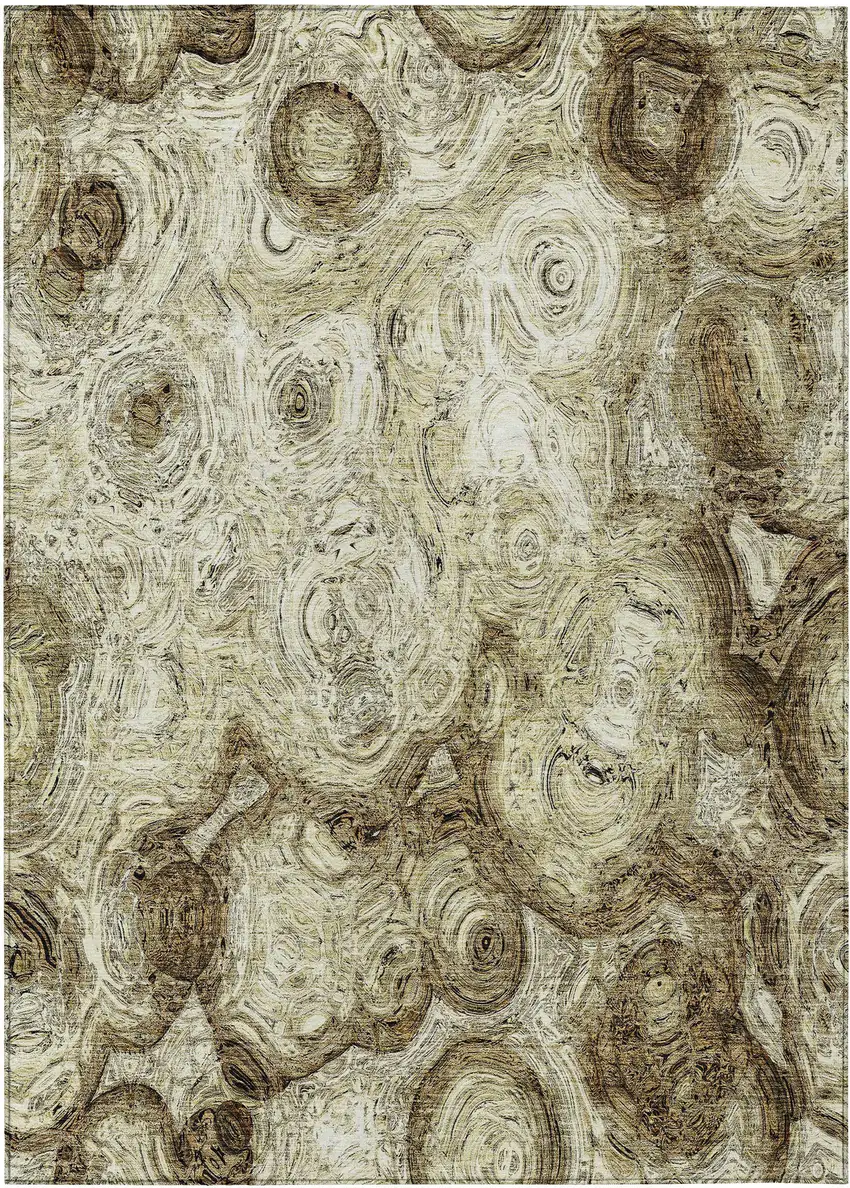 Beige Abstract Washable Indoor Outdoor Area Rug Photo 2