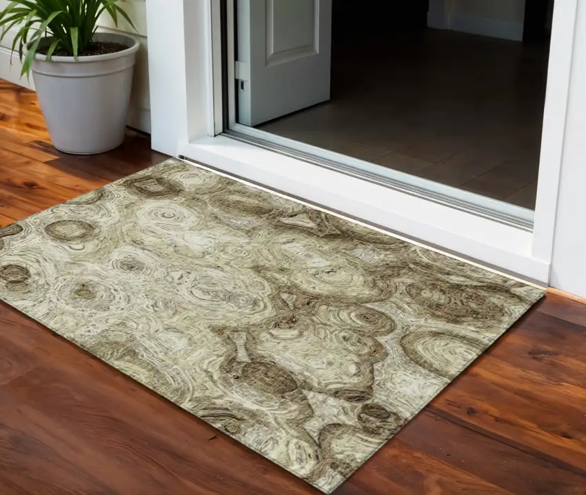 Beige Abstract Washable Indoor Outdoor Area Rug Photo 1
