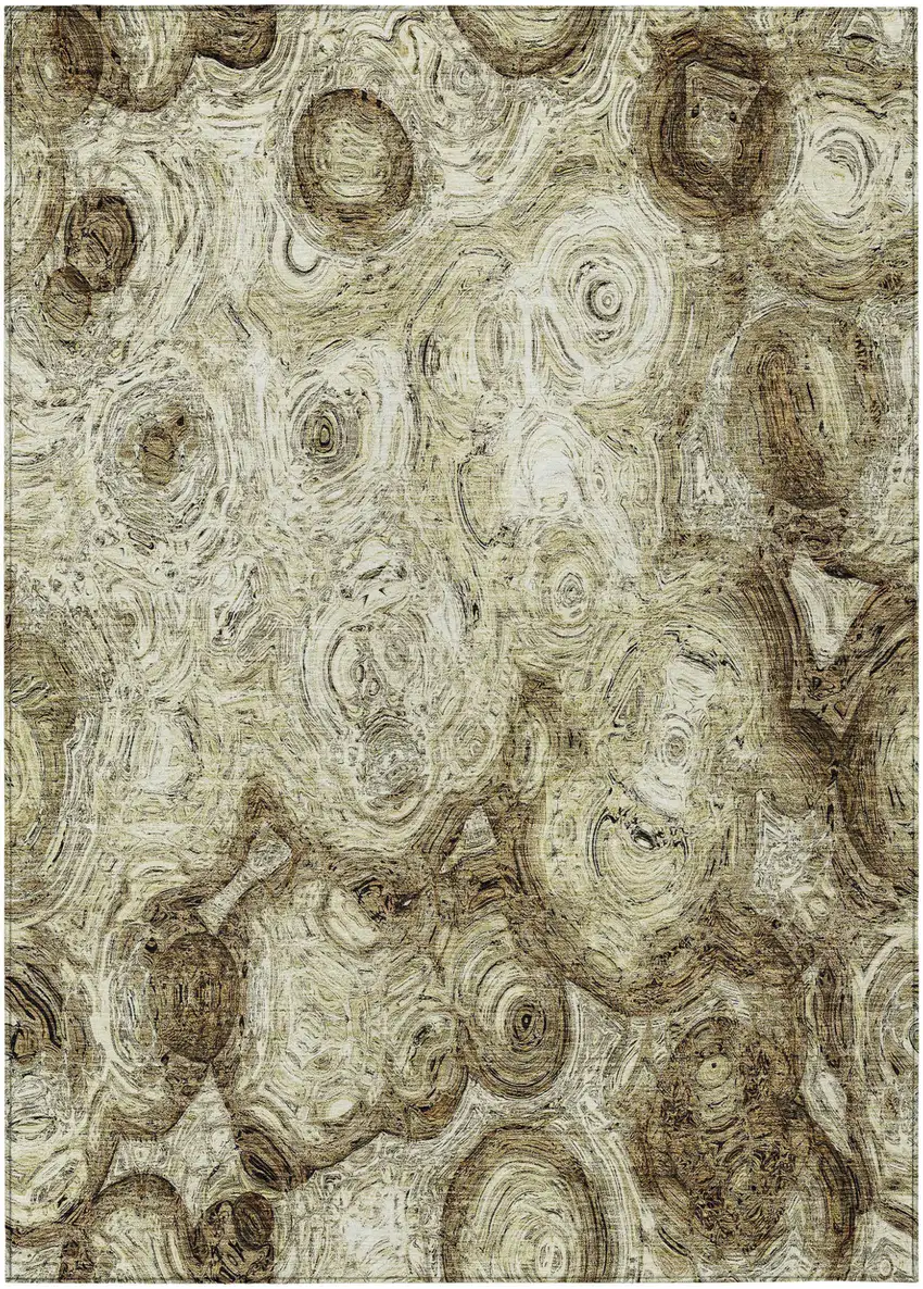Beige Abstract Washable Indoor Outdoor Area Rug Photo 2
