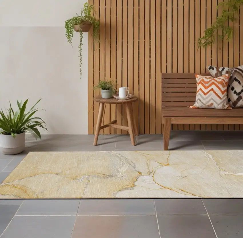 Beige Abstract Washable Indoor Outdoor Runner Rug Photo 1