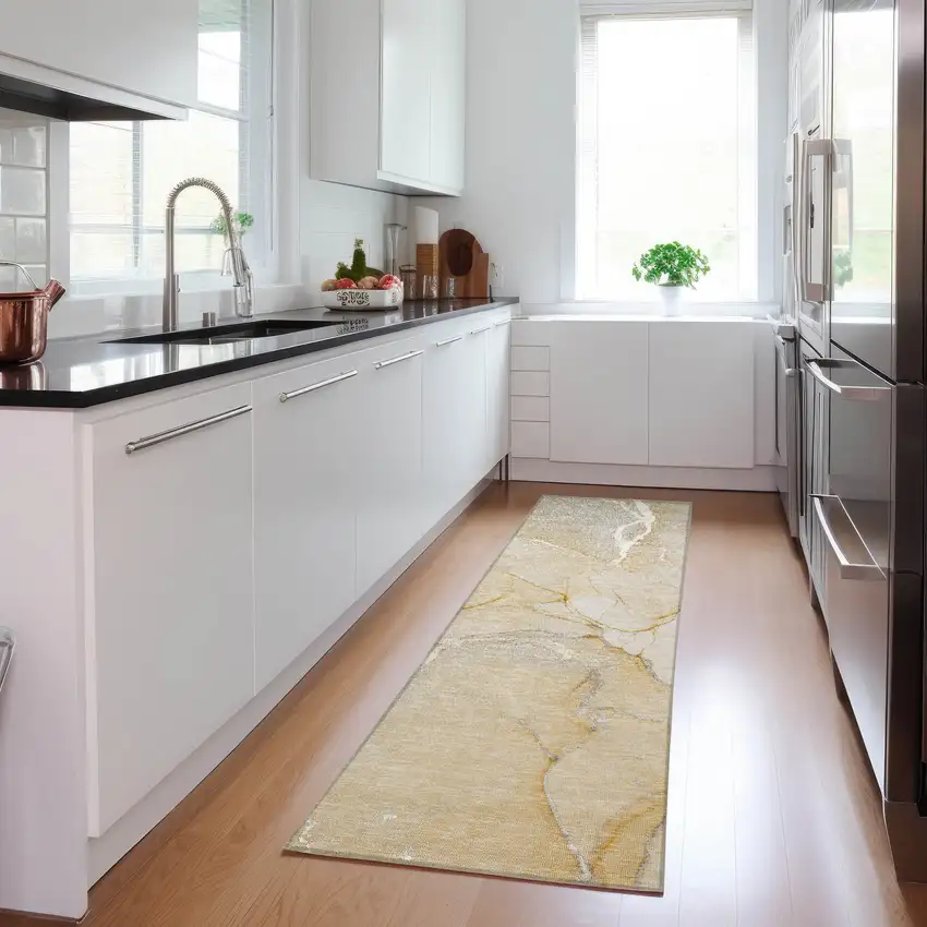 Beige Abstract Washable Indoor Outdoor Runner Rug Photo 9