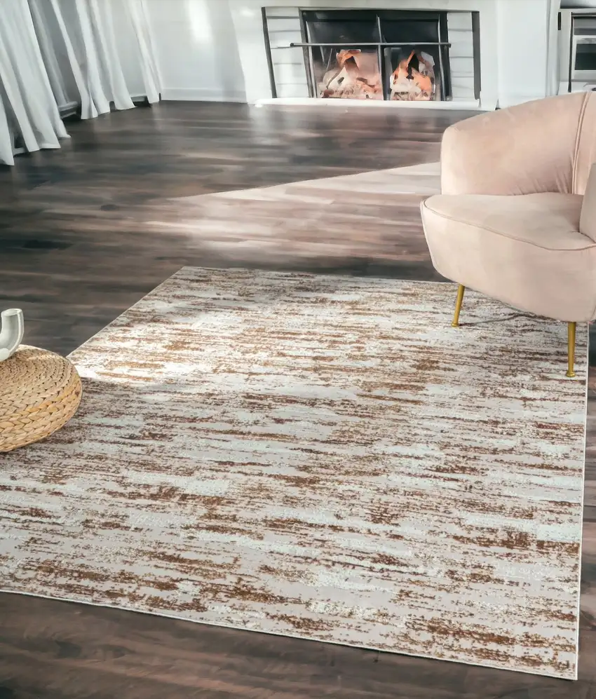 Beige Abstract Washable Non Skid Area Rug With Fringe Photo 1