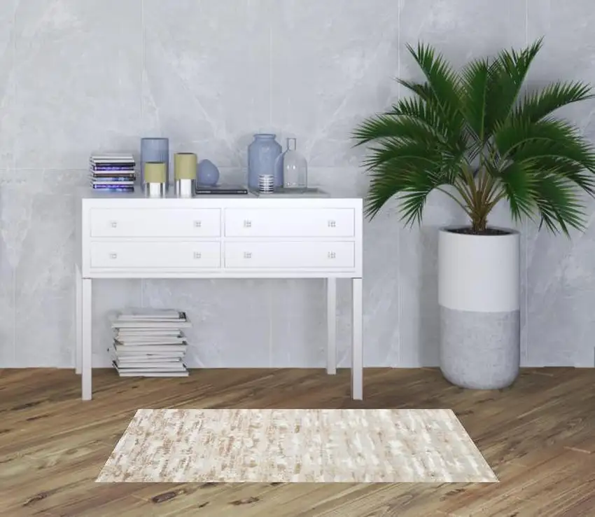 Beige Abstract Washable Non Skid Area Rug With Fringe Photo 2