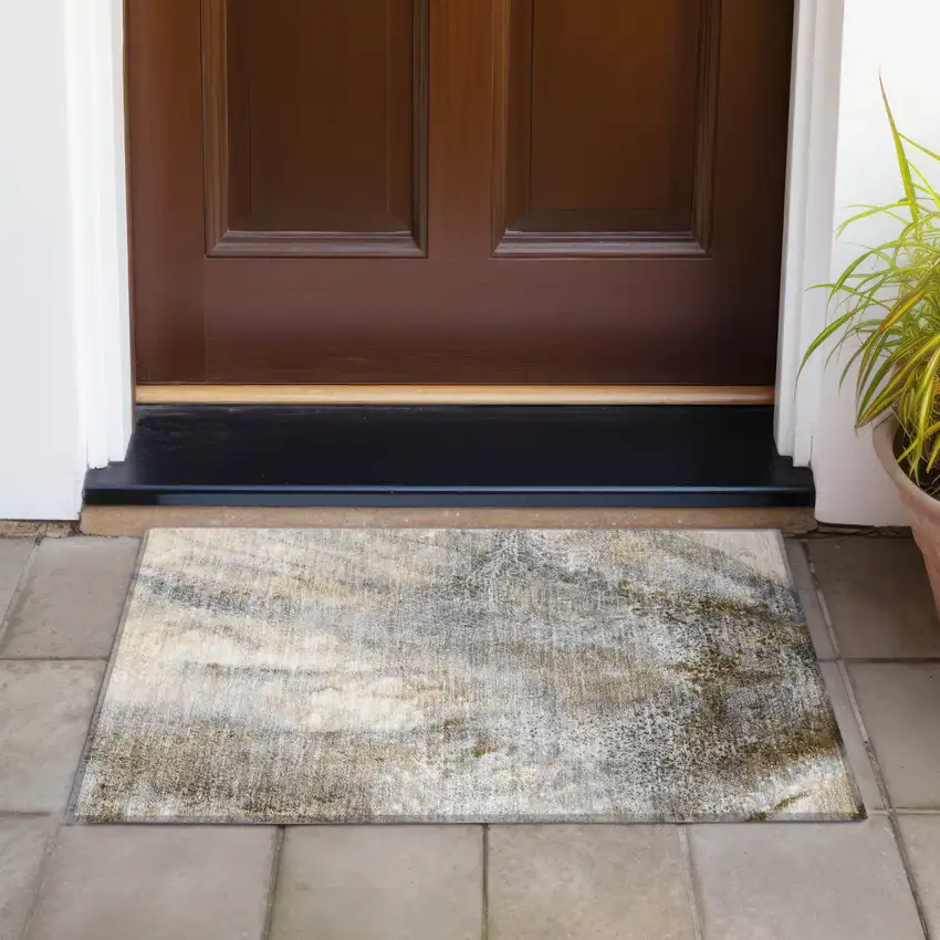 Beige Abstract Washable Non Skid Indoor Outdoor Area Rug Photo 8