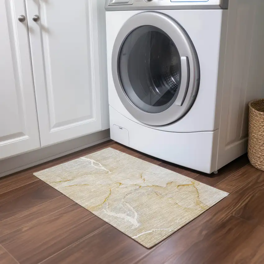Beige Abstract Washable Non Skid Indoor Outdoor Area Rug Photo 7