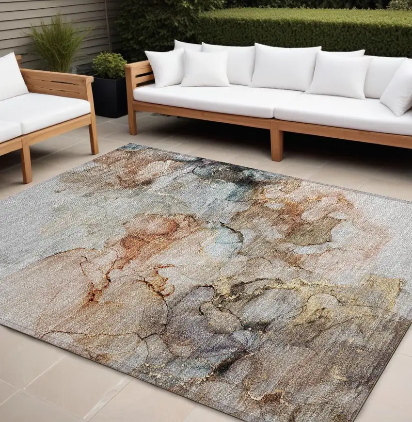 Beige Abstract Washable Non Skid Indoor Outdoor Area Rug Photo 1