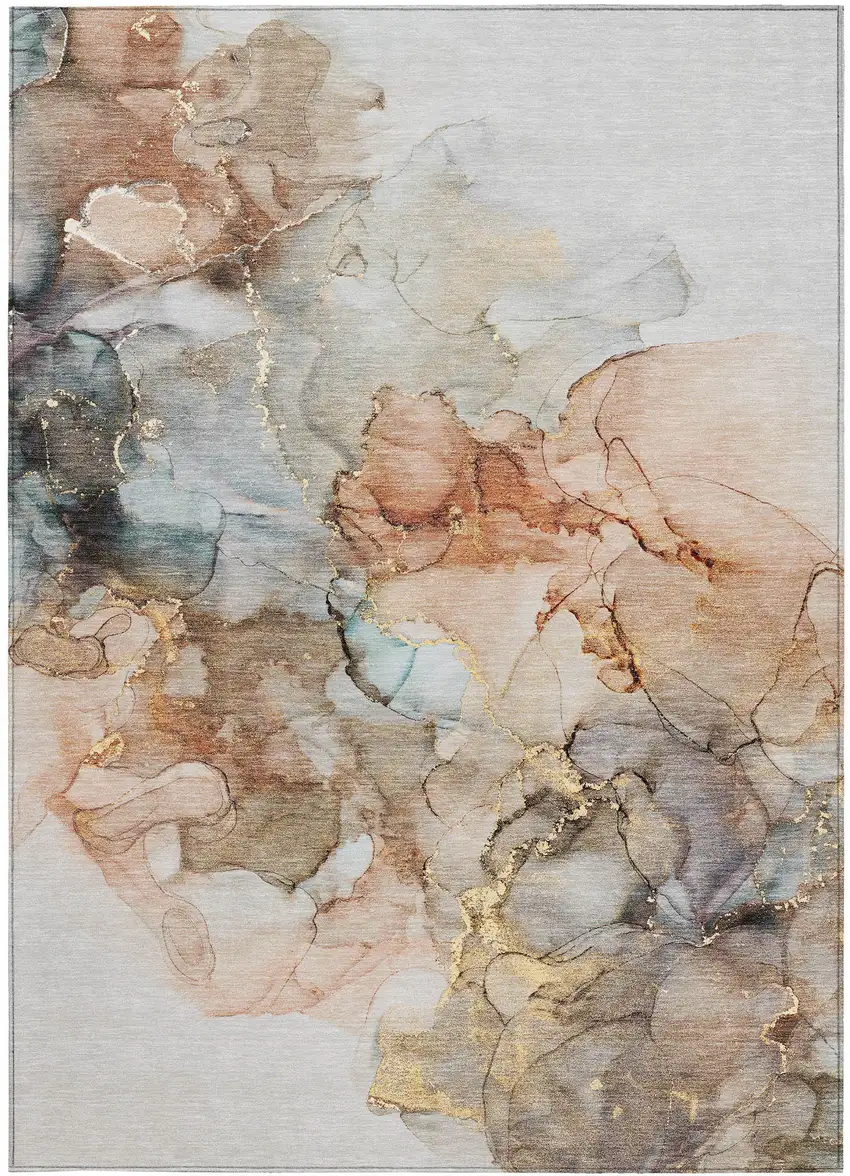 Beige Abstract Washable Non Skid Indoor Outdoor Area Rug Photo 5