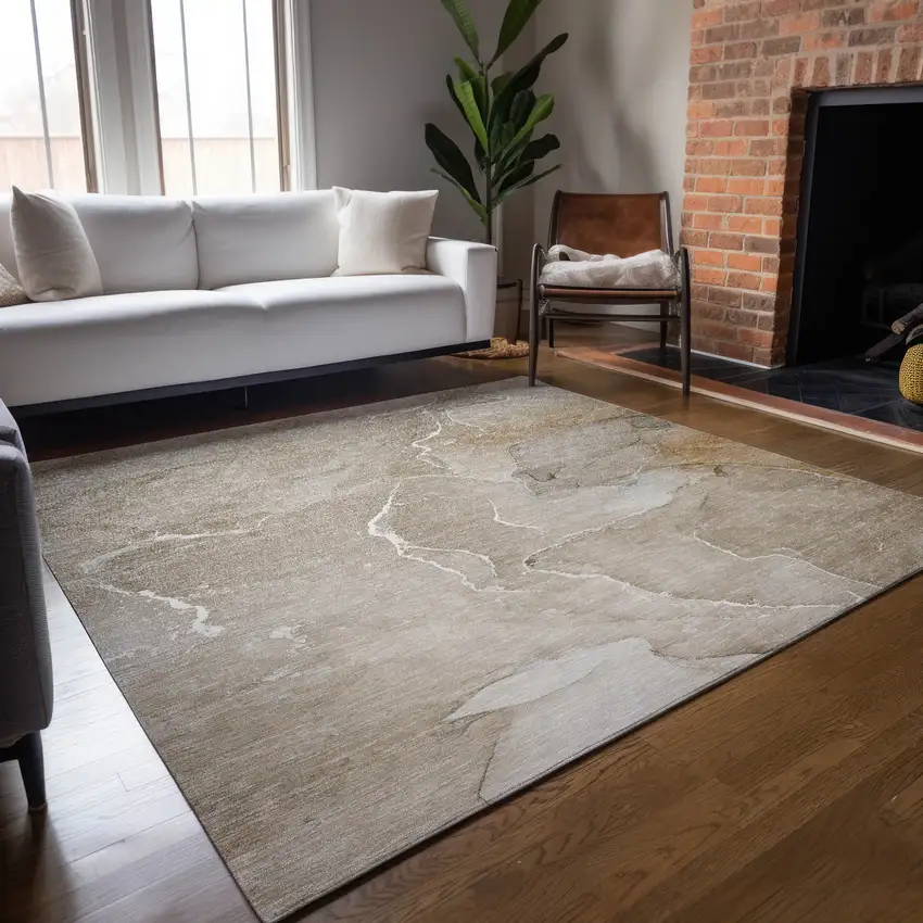 Beige Abstract Washable Non Skid Indoor Outdoor Area Rug Photo 9