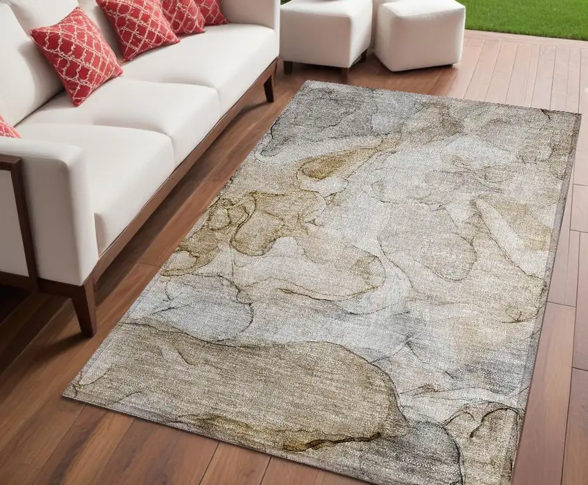 Beige Abstract Washable Non Skid Indoor Outdoor Area Rug Photo 1
