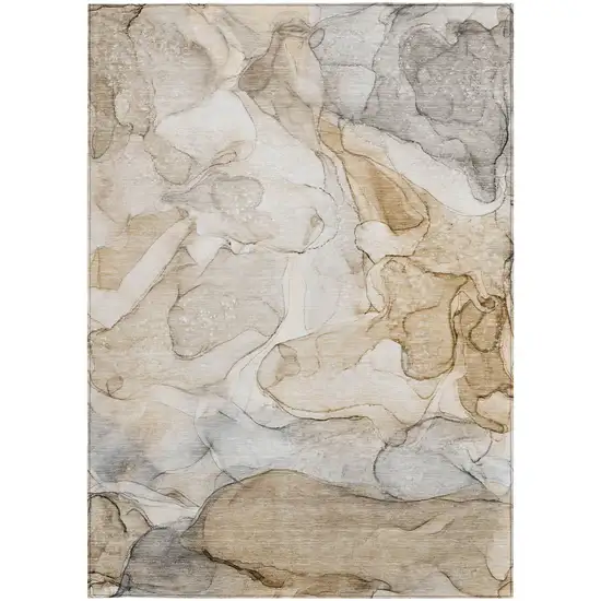 Beige Abstract Washable Non Skid Indoor Outdoor Area Rug Photo 4