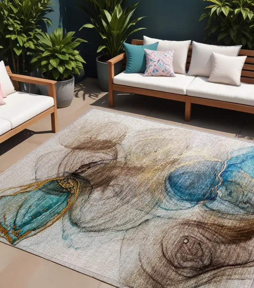 Beige Abstract Washable Non Skid Indoor Outdoor Area Rug Photo 1