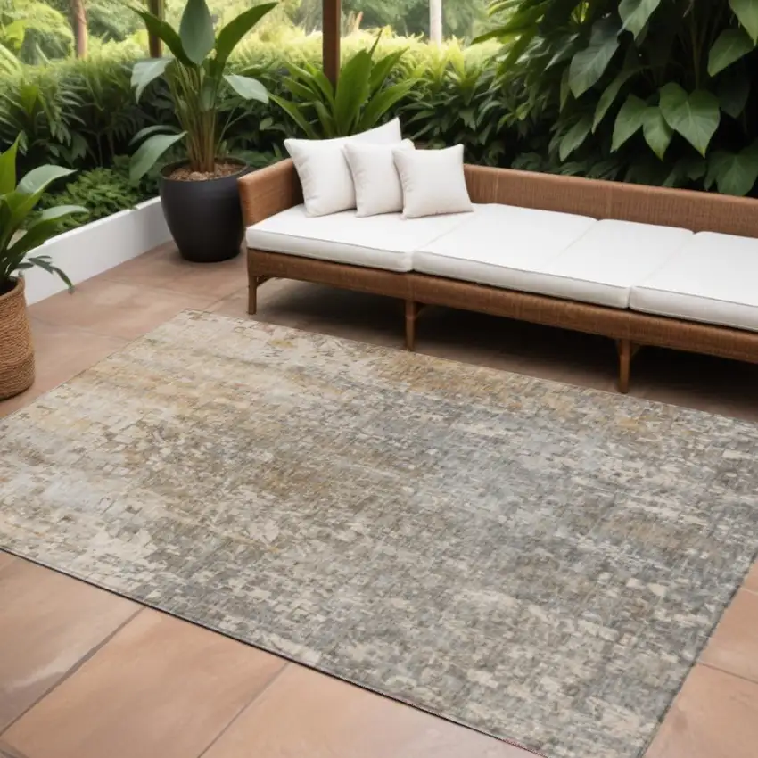 Beige Abstract Washable Non Skid Indoor Outdoor Area Rug Photo 1
