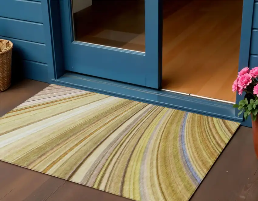 Beige Abstract Washable Non Skid Indoor Outdoor Area Rug Photo 1