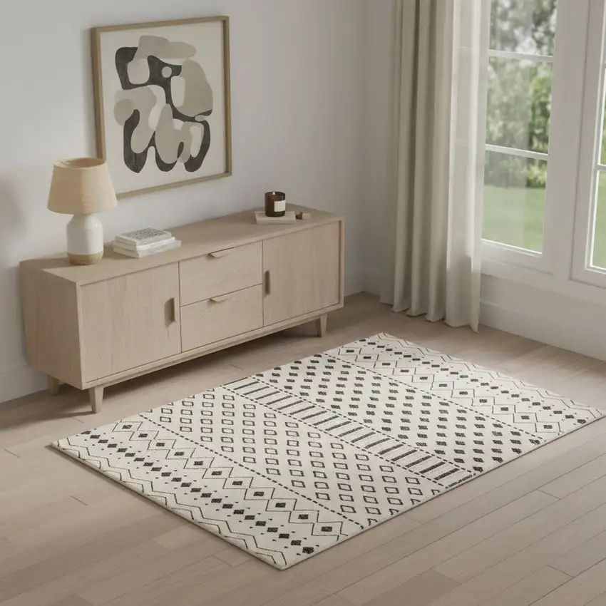 Beige And Black Geometric Washable Area Rug Photo 1