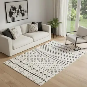 Photo of Beige And Black Geometric Washable Area Rug