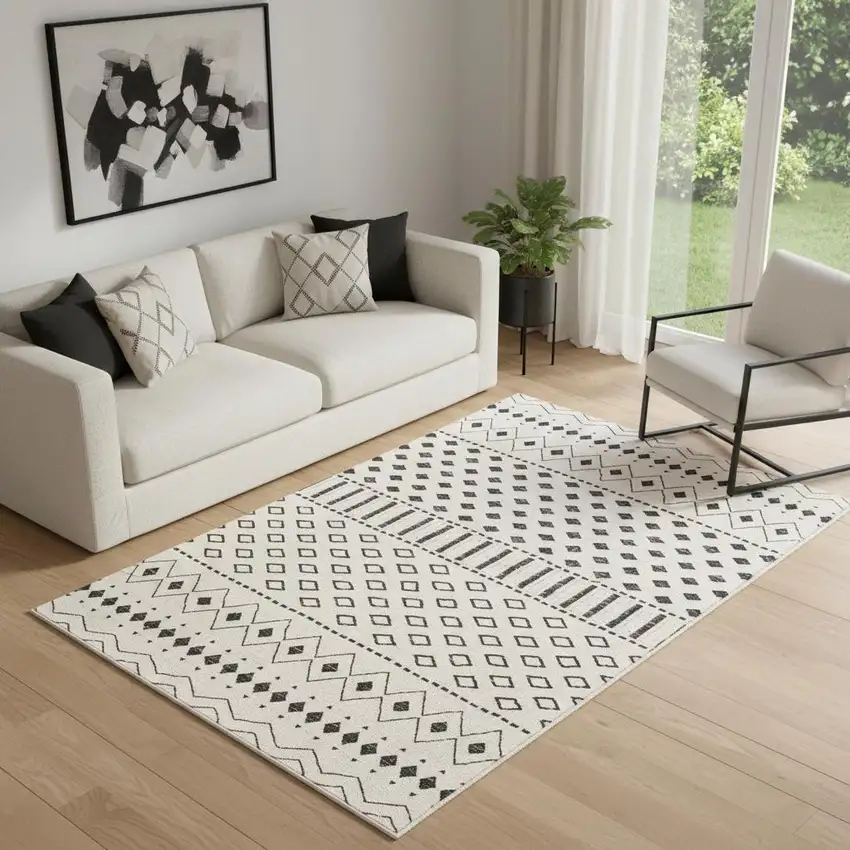 Beige And Black Geometric Washable Area Rug Photo 1