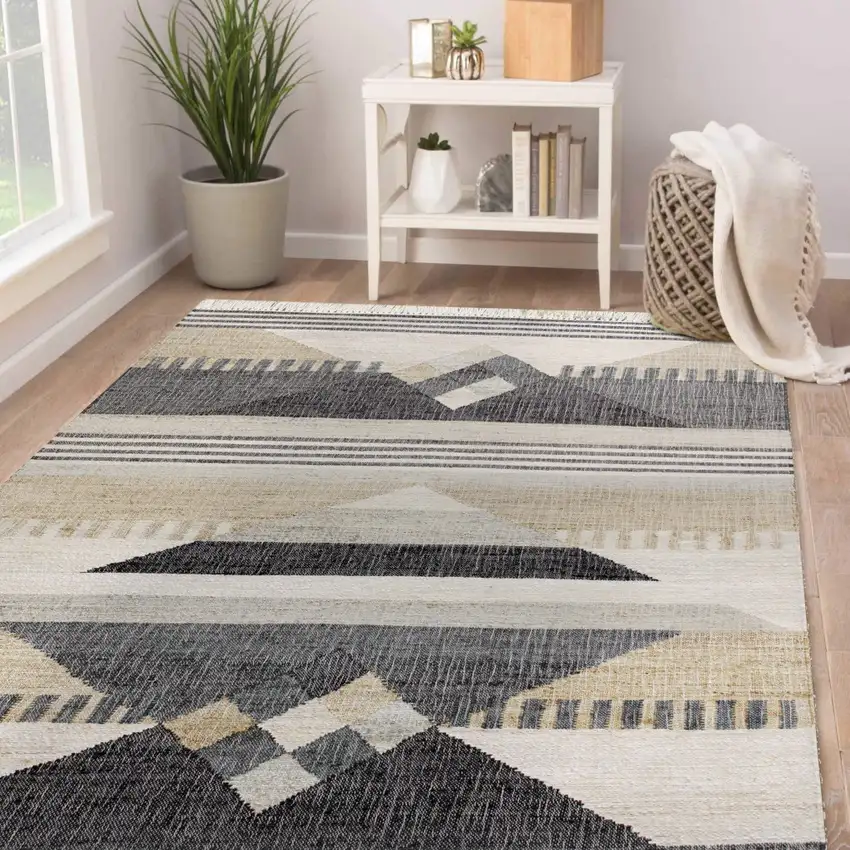 Beige And Black Jute Geometric Hand Woven Square Rug Photo 4
