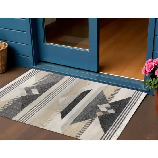 Beige And Black Jute Geometric Hand Woven Square Rug Photo 1