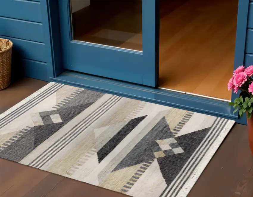 Beige And Black Jute Geometric Hand Woven Square Rug Photo 1